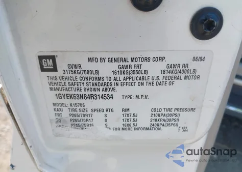 2004 Cadillac Escalade Standard z USA, uszkodzony, nr VIN 1GYEK63N84R314534